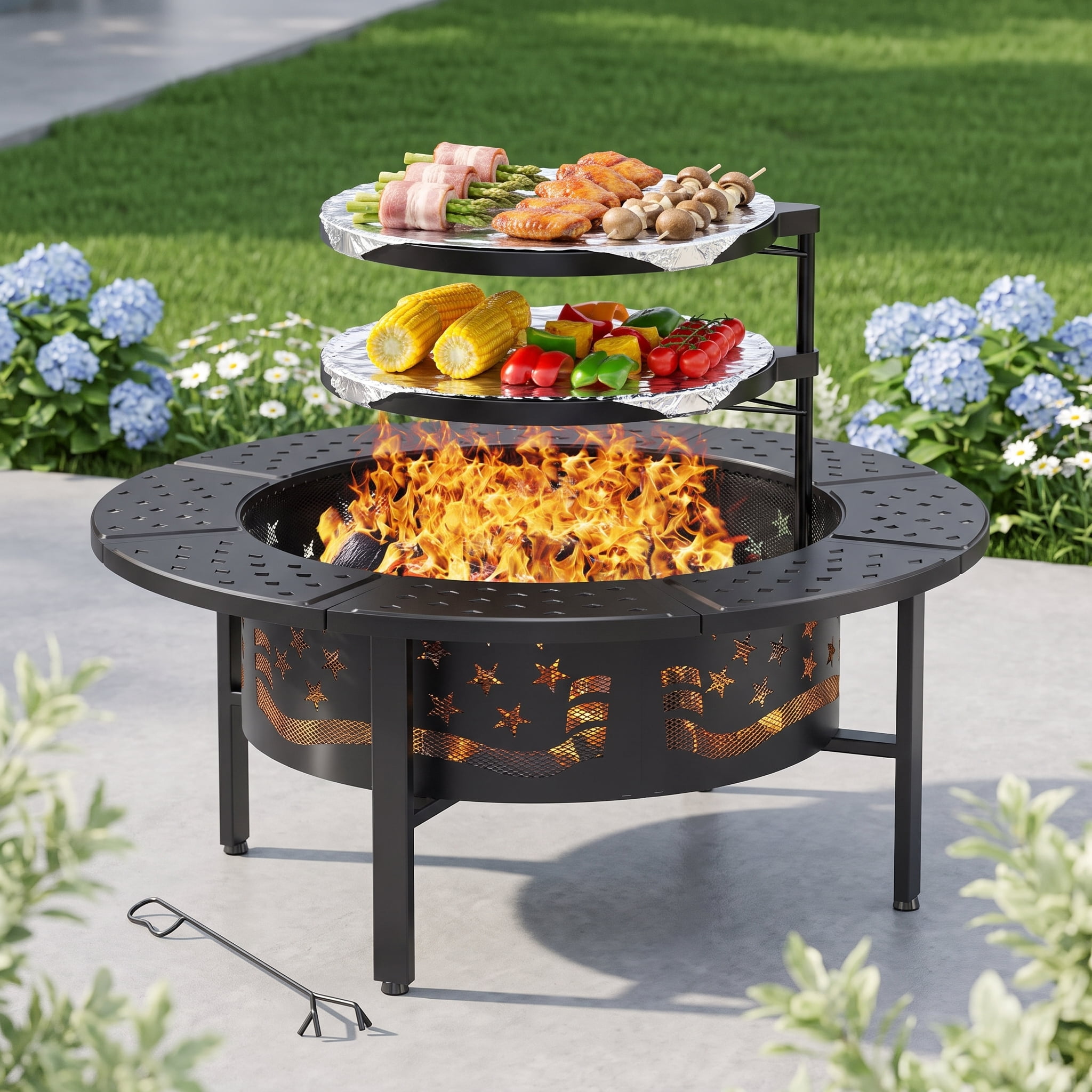 Prilinex 42" Fire Pit Outdoor with Poker, Large Round Fire Pits for Outside with 2 Adjustable Grills, Lid for Patio Backyard BBQ