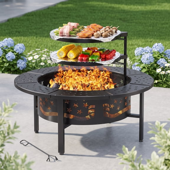 Prilinex 42" Fire Pit Outdoor with Poker, Large Round Fire Pits for Outside with 2 Adjustable Grills, Lid for Patio Backyard BBQ