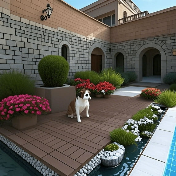 Prilinex 44 PCS Plastic Deck Tiles Outdoor Interlocking Patio Tiles Waterproof for Backyard Porch, 12"W x 12"L, Red Brown