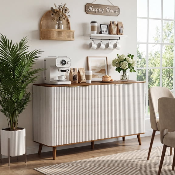 Prilinex 47"W Sideboard Buffet with Fluted Doors, Accent Pantry Storage Cabinet, 4-Door Kitchen Storage Server for Dining Room Living Room, Natural & Walnut
