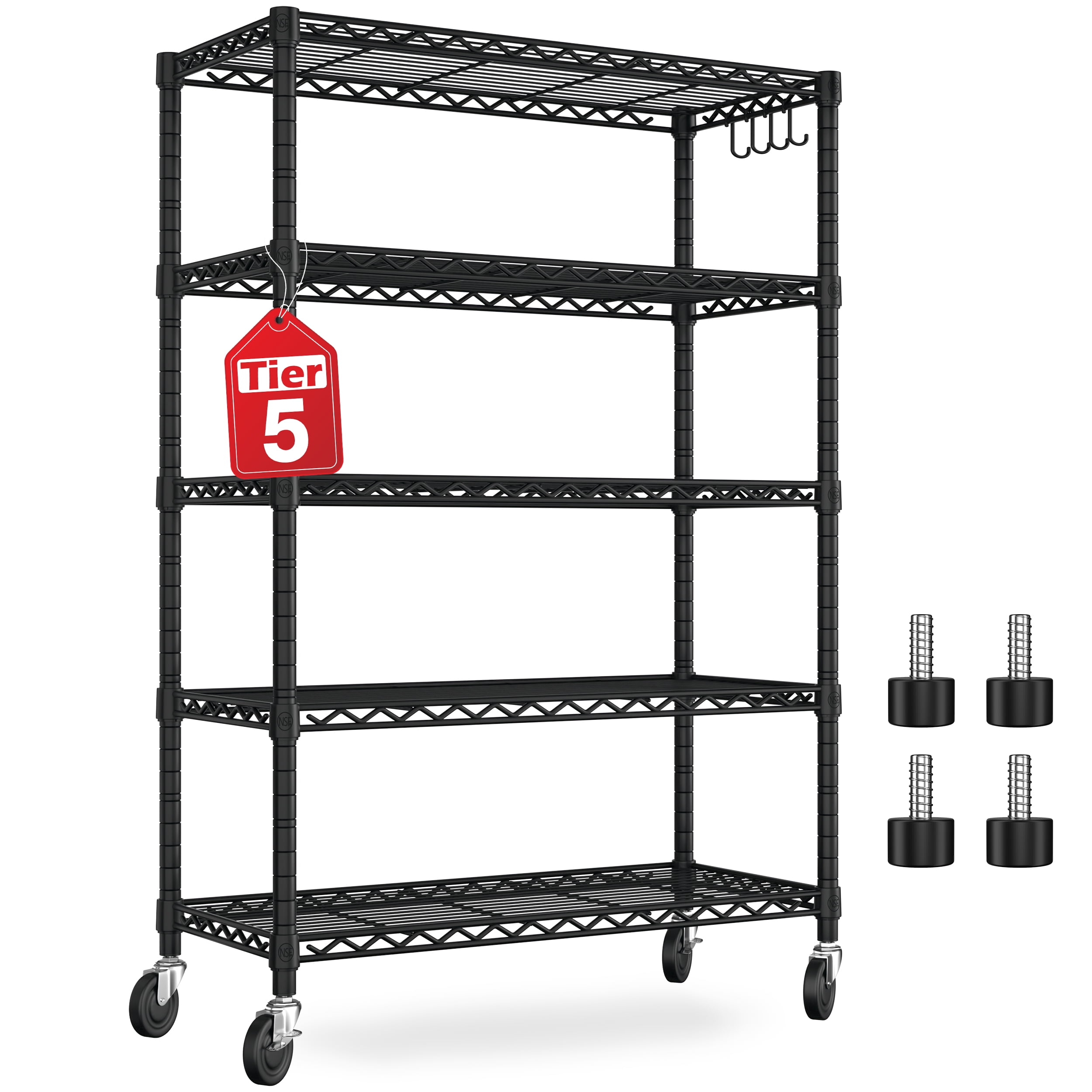 Prilinex 5 Tier Wire Shelving 74"H x 36"W x 14"D Storage Shelves with Wheels, Adjustable Garage Shelves NSF Certified Heavy Duty Steel Metal Shelf for Kitchen Pantry Closet Laundry, Black