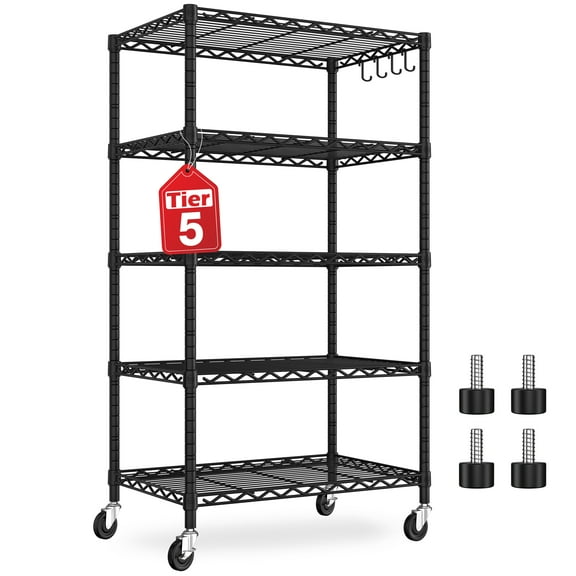 Prilinex 5 Tier Wire Shelving with Wheels 24"W x 18"D x 75"H Steel Storage Shelves, Adjustable Garage Shelves Organizer, Pantry Rack Rolling Metal Shelf 24"W x 18"D x 72"H, Black