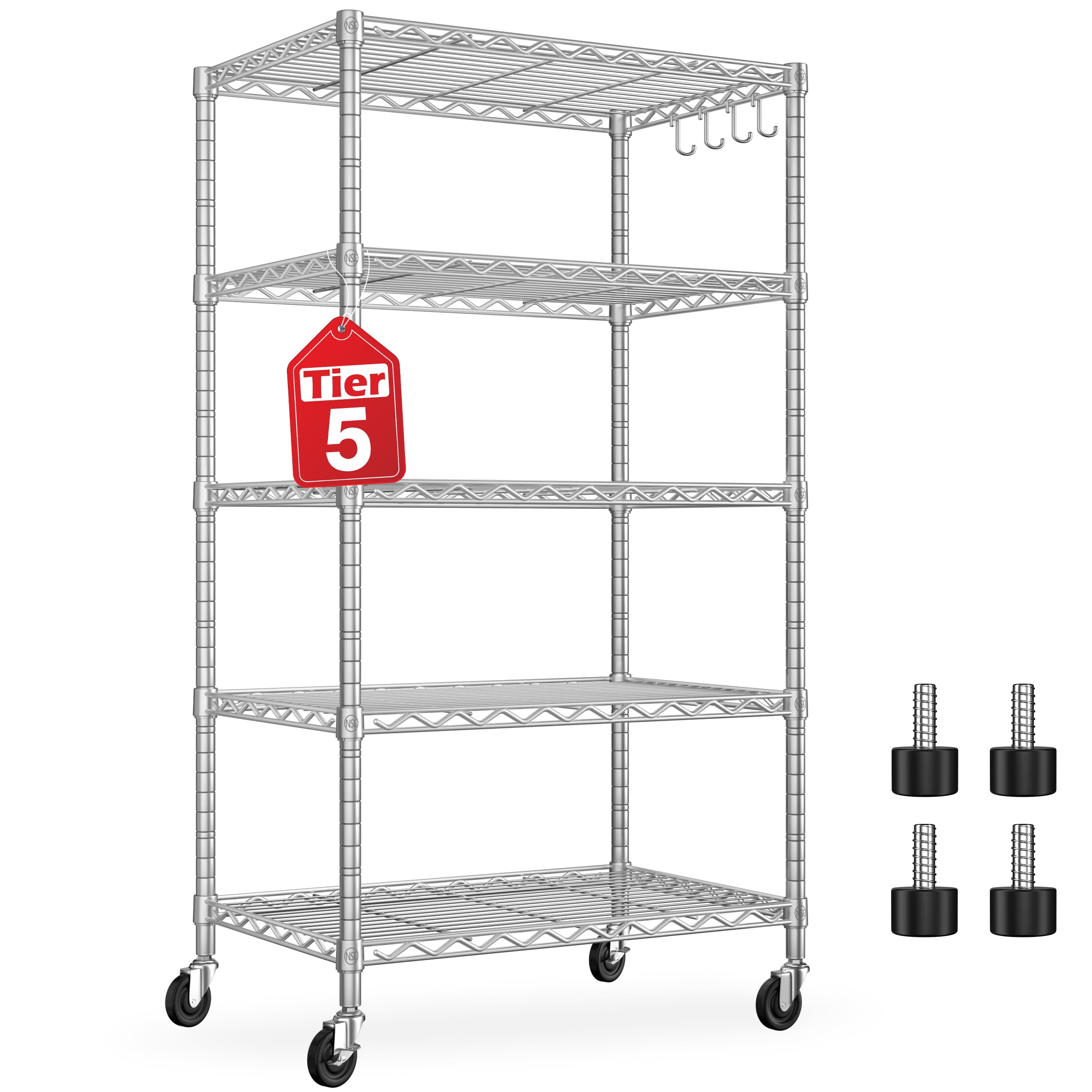 Prilinex 5 Tier Wire Shelving with Wheels 24"W x 18"D x 75"H Steel Storage Shelves, Adjustable Garage Shelves Organizer, Pantry Rack Rolling Metal Shelf 24"W x 18"D x 72"H, Chrome