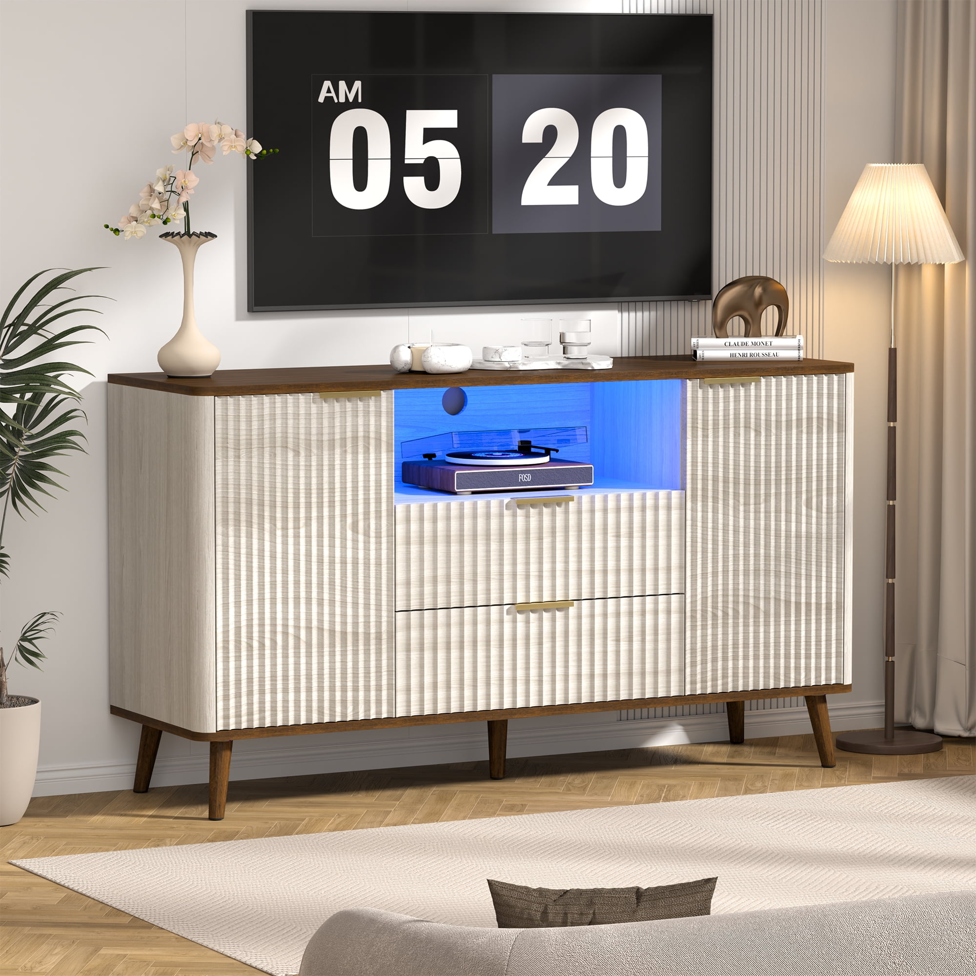 Prilinex 56" TV Stand for TVs up to 60", Modern Entertainment Center with LED Lights, Media Console with 2 Drawers & 2 Storage Cabinet, TV Table TV Console for Living Room