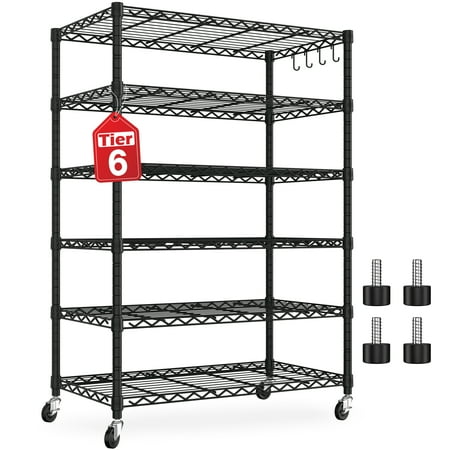 Prilinex 6 Tier Wire Shelving with Wheels 1500lbs Capacity Heavy Duty Steel Wire Rack Storage Shelving Organizer for Kitchen, Adjustable Garage Shelves,36"W x 18"D x 78"H, Black