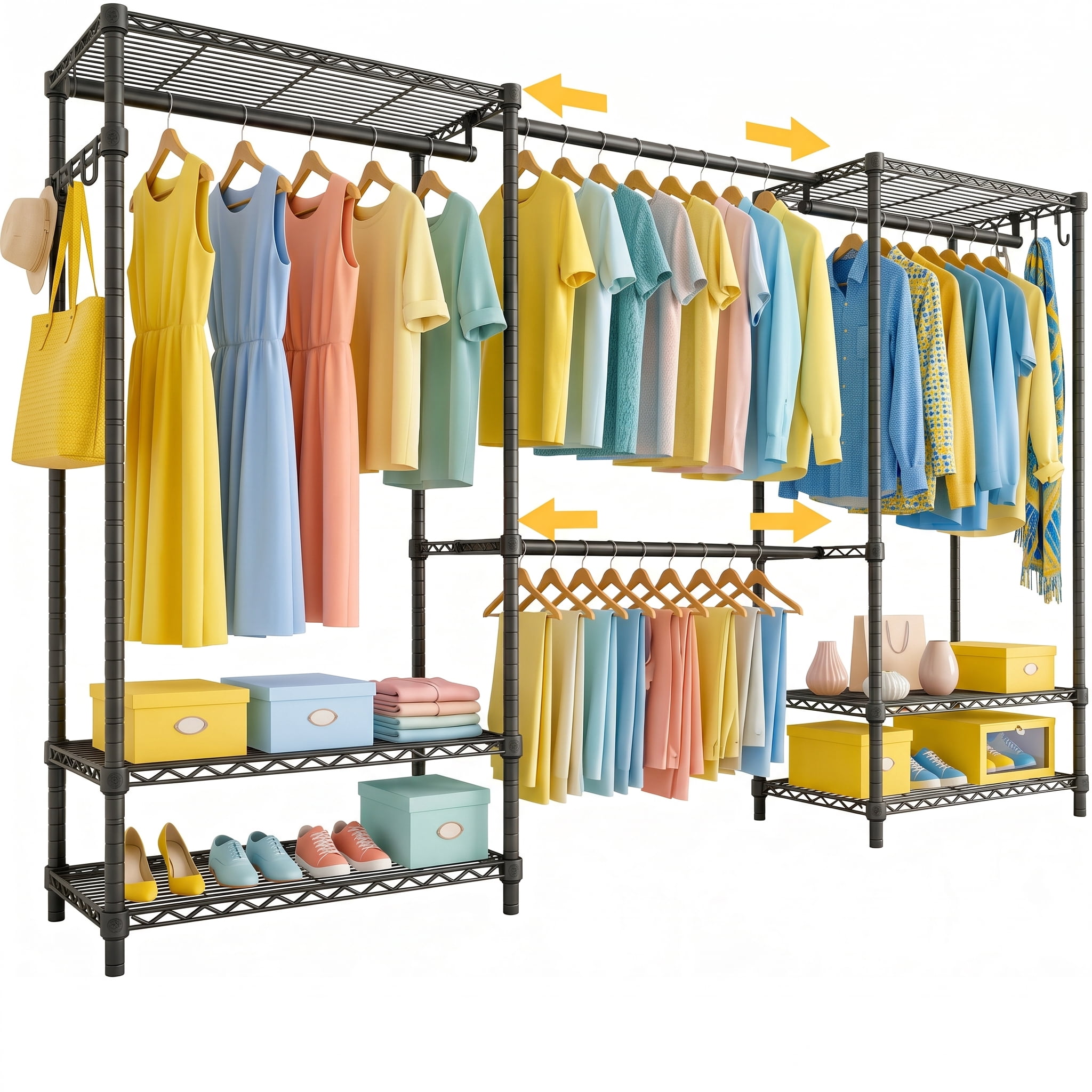 Prilinex 71.5-91.3"W Extendable Heavy Duty Clothes Rack, Clothing Rack for Hanging Clothes, 1280 lbs Free Standing Closet System with Shelves, Adjustable Metal Garment Rack, Black