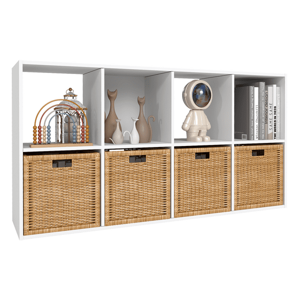 Prilinex 8-Cube Bookcase, Floor Standing Horizontal Bookshelf with Open Shelves & Anti-Tipping Kits, Cube Storage Organizer, Home Office Wooden Storage Book Shelf for Living Room, Study, White