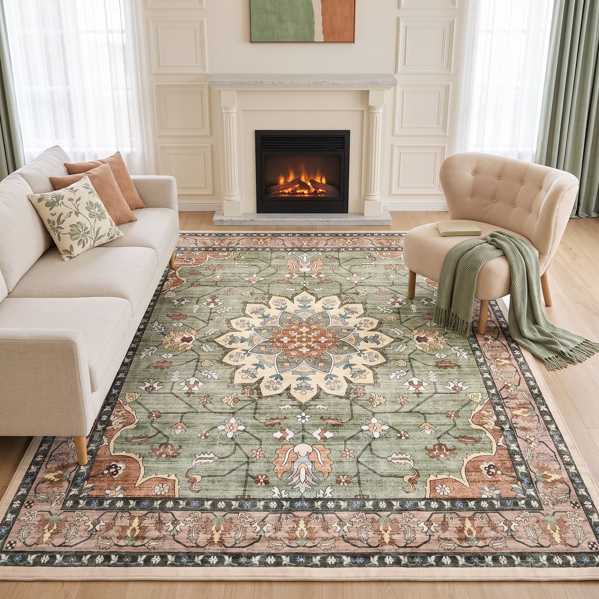 Prilinex 8'x10' Area Rug Living Room Rug, Large Washable Rug for Bedroom Dining Room, Vintage Floral Carpet Low Pile Distressed