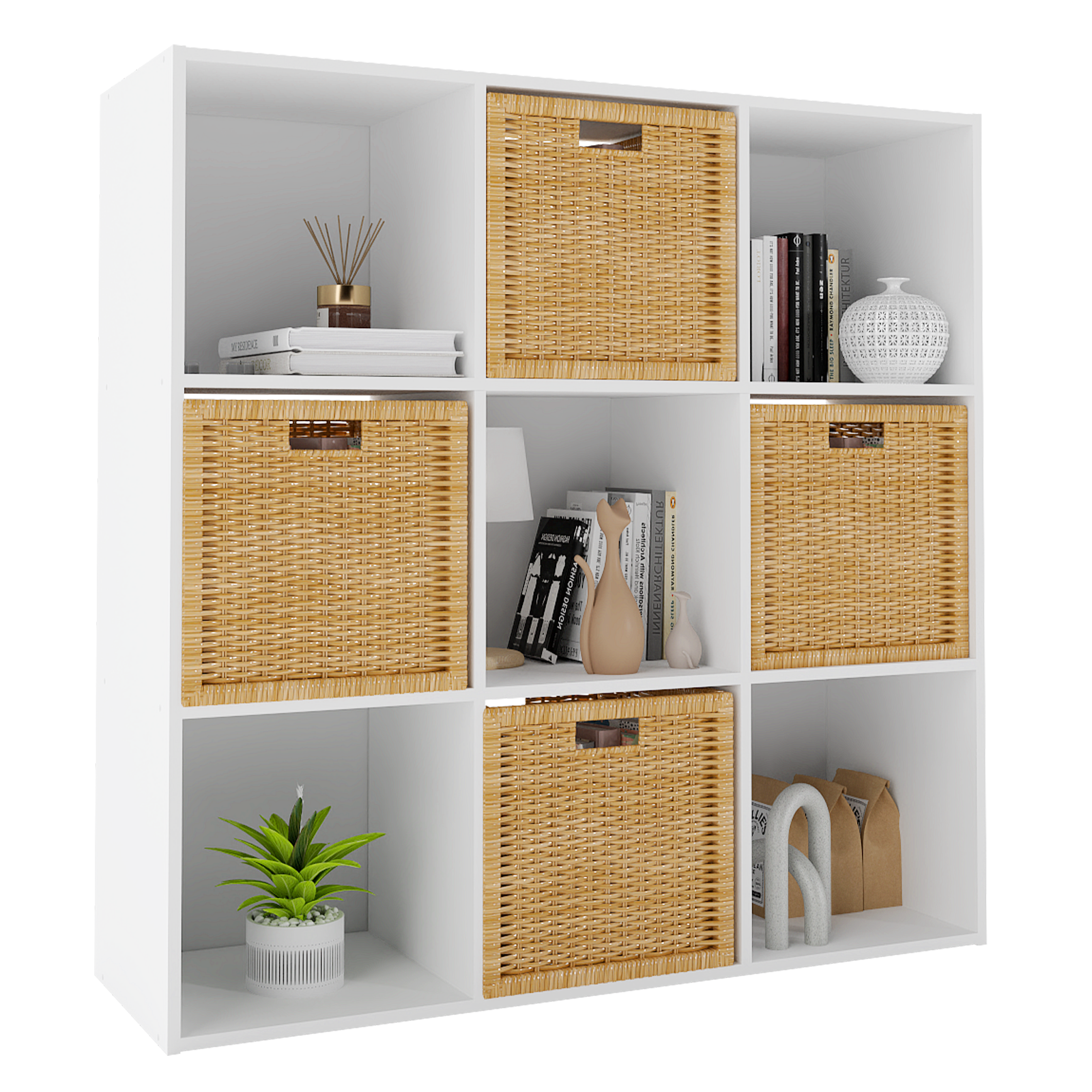 Snap-on STACKING CUBE BOX （Brown White） Prilinex 9 Cube Storage Organizer, Stackable Cube Bookshelf, Wood