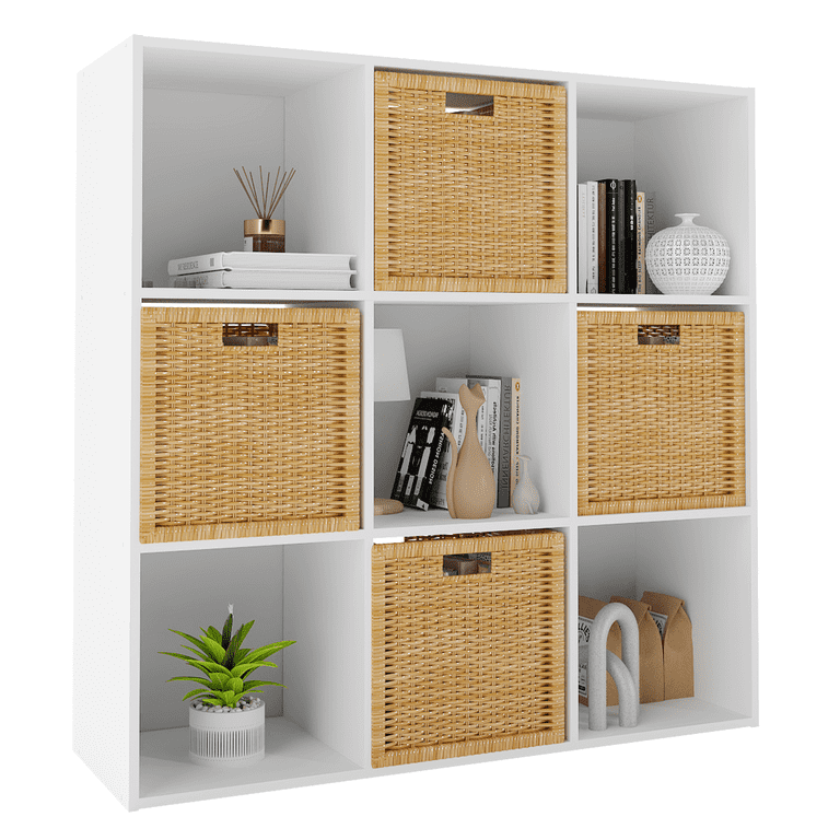 Snap-on STACKING CUBE BOX （Brown White） Prilinex 9 Cube Storage Organizer, Stackable Cube Bookshelf, Wood