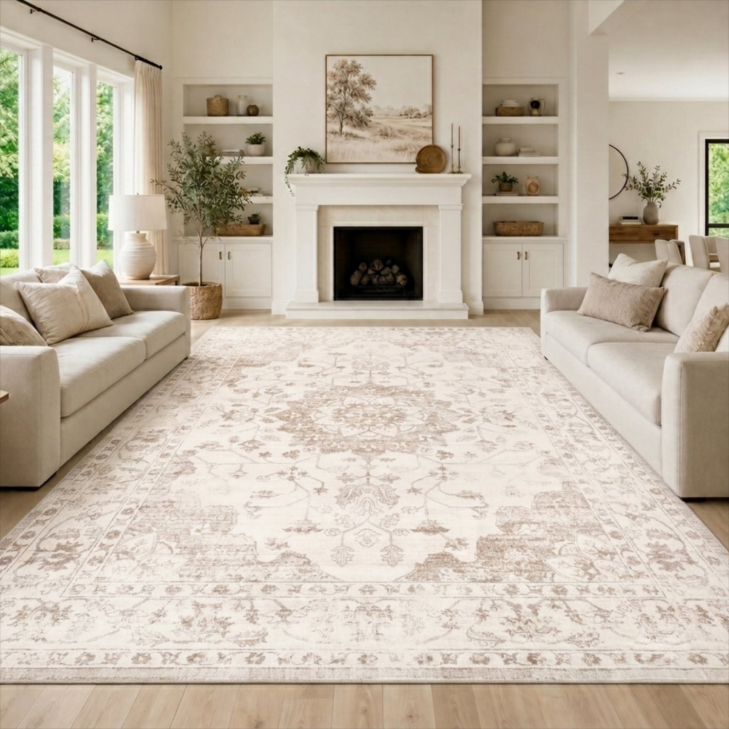 Prilinex 9x12 Area Rug, Washable Rugs for Living Room, Vintage Beige Carpet with Non-Slip & Stain Resistant, Farmhouse Soft Large Rugs for Bedroom Dining Room Kitchen