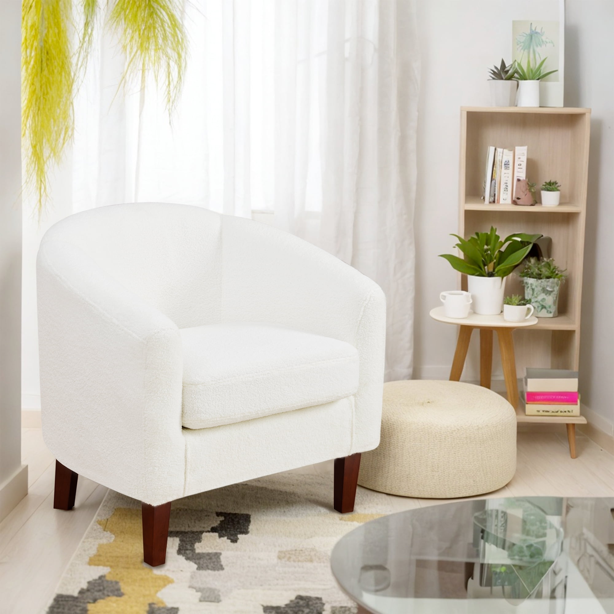 Prilinex Accent Barrel Chair, Faux Fur Club Chair for Living Room Bedroom Reception Room Office, White, 29”W x 27“D x 28”H