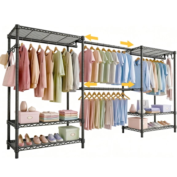 Prilinex Extendable Heavy Duty Clothes Rack with 4 Hanging Rods & 6 Shelves, Freestanding Clothing Racks for Hanging Clothes, Adjustable Metal Garment Rack, 71.4"H x (71.5"-91.3")W x 14"D, Black
