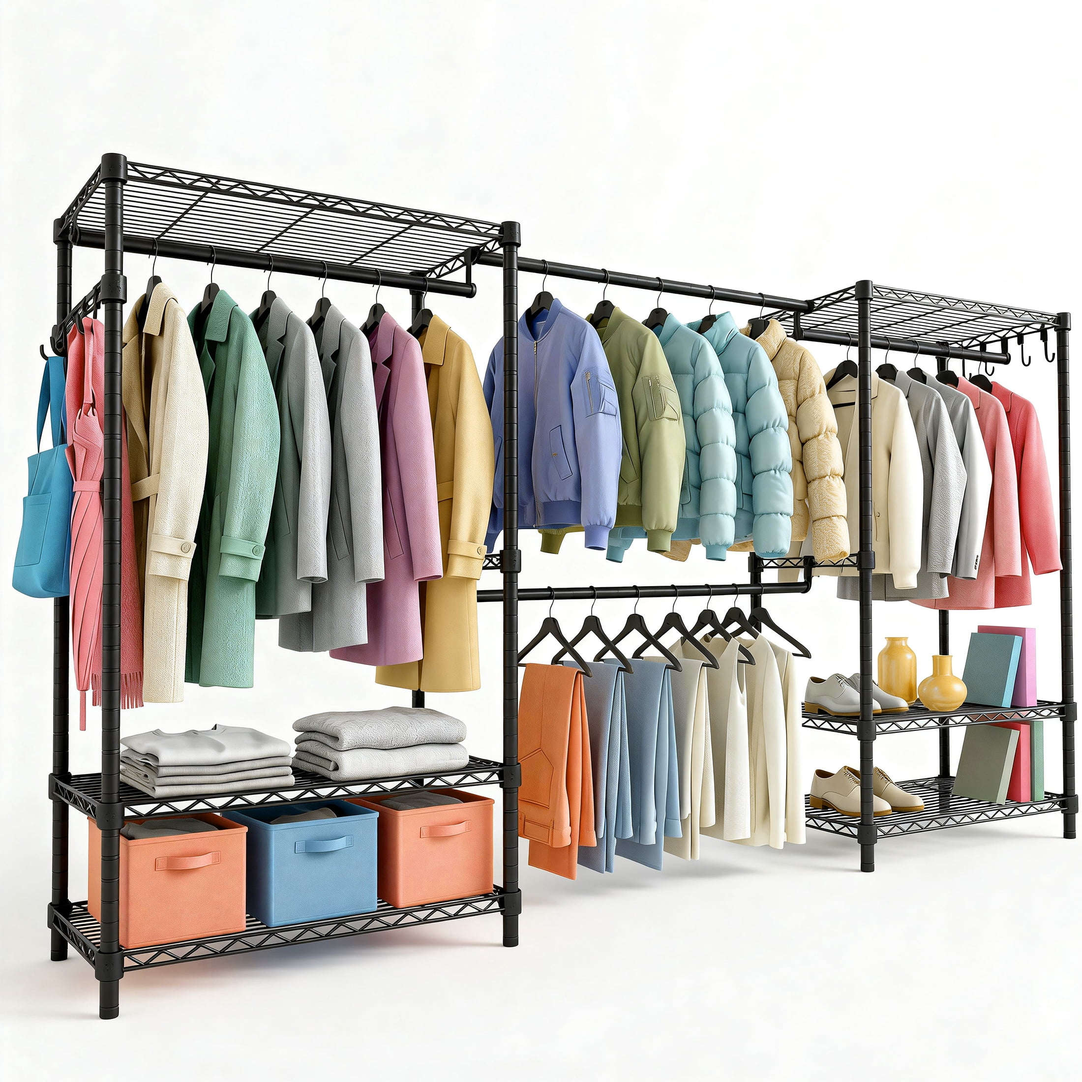 Prilinex Extendable Heavy Duty Clothes Rack with Shelves, Freestanding Clothing Racks for Hanging Clothes, Closet Organizer System, Adjustable Garment Rack, 71.4"H x (71.5"-91.3")W x 14"D, Black