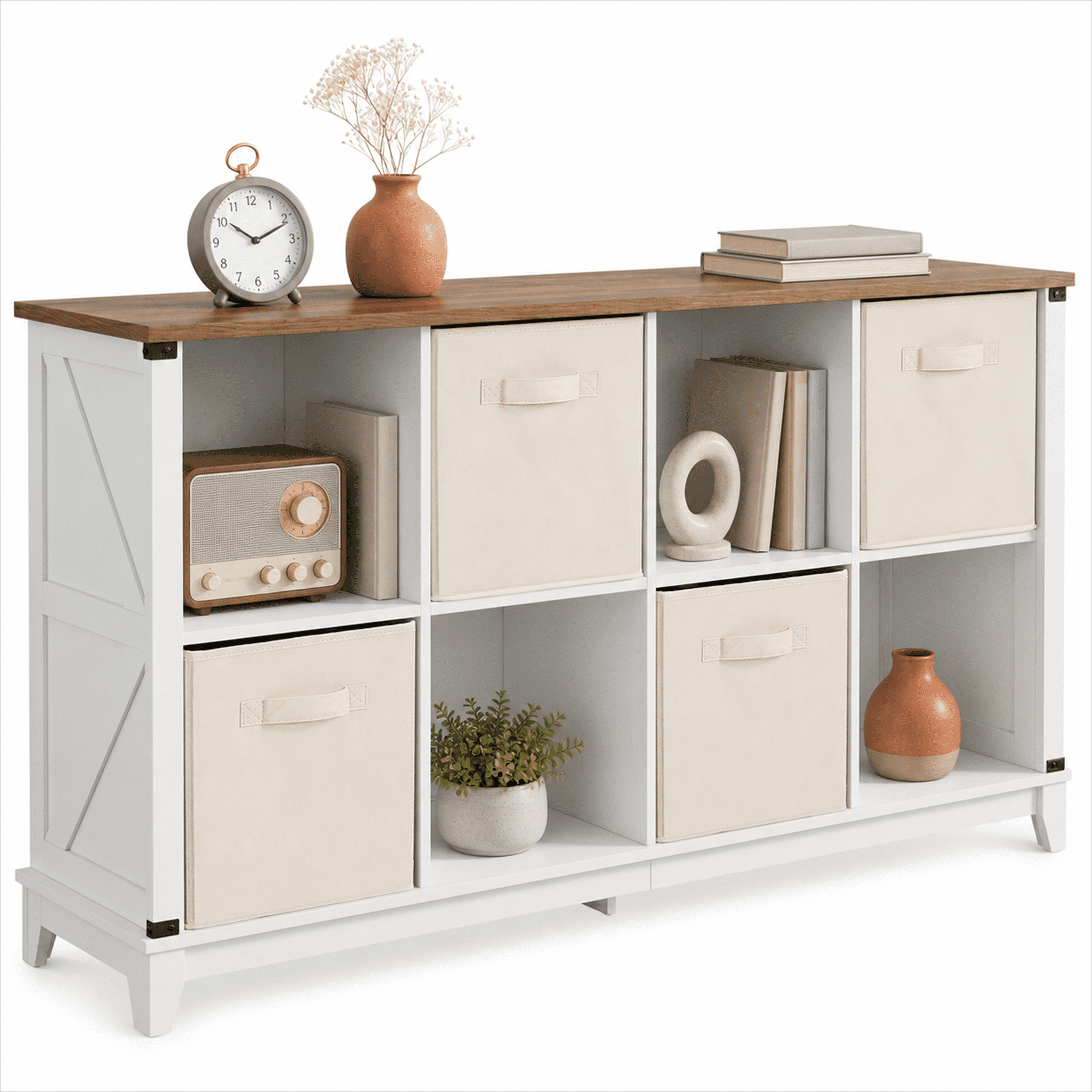 Prilinex Farmhouse 8-Cube Storage Organizer with 4 Storage Bins, Low Wooden Cube Bookshelf, Horizontal Bookshelf for Living Room Entryway Bedroom, White