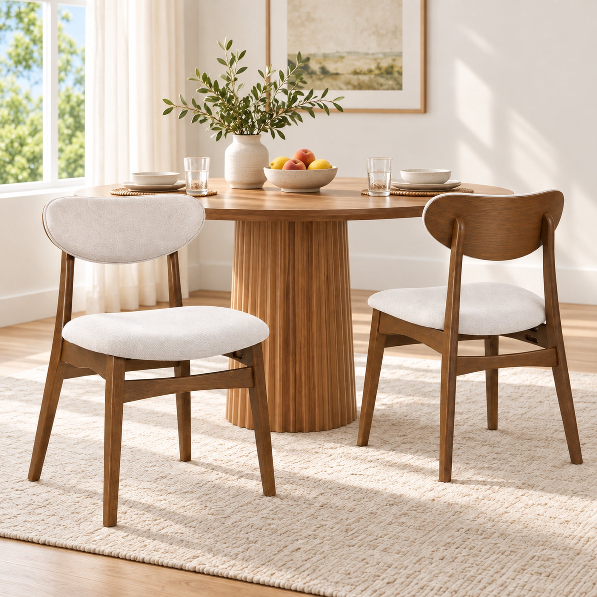 Prilinex Farmhouse Dining Chairs Set of 2, Fabric Upholstered Wooden Dining Chairs with Curved Back & Wood Legs, Mid-Century Kitchen Chairs for Dining Room Restaurant, Beige
