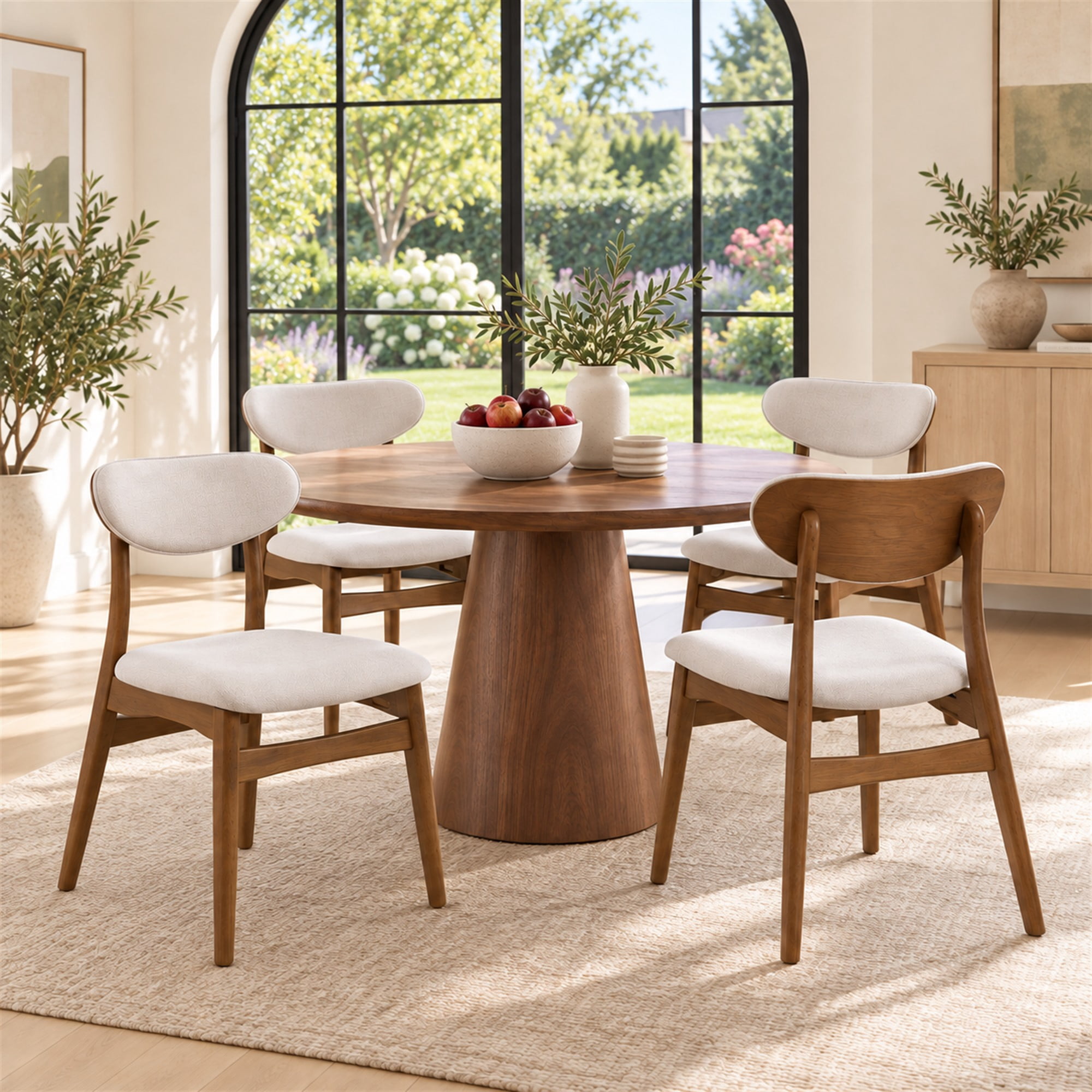 Prilinex Farmhouse Dining Chairs Set of 4, Fabric Upholstered Wooden Dining Chairs with Curved Back & Wood Legs, Mid-Century Kitchen Chairs for Dining Room Restaurant, Beige
