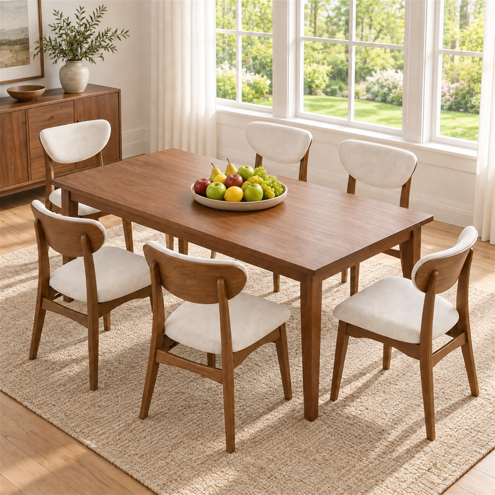 Prilinex Farmhouse Dining Chairs Set of 6, Fabric Upholstered Wooden Dining Chairs with Curved Back & Wood Legs, Mid-Century Kitchen Chairs for Dining Room Restaurant, Beige