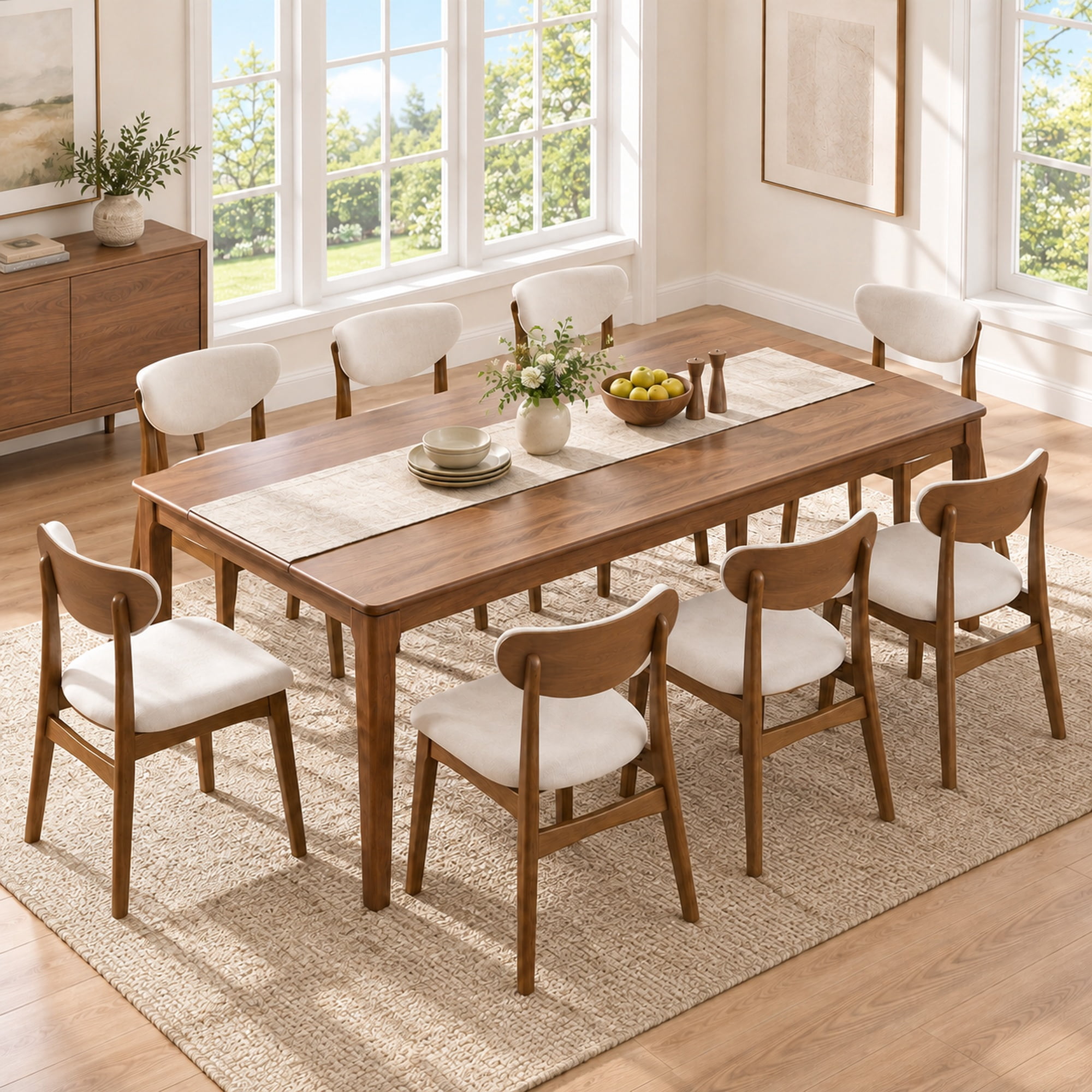 Prilinex Farmhouse Dining Chairs Set of 8, Fabric Upholstered Wooden Dining Chairs with Curved Back & Wood Legs, Mid-Century Kitchen Chairs for Dining Room Restaurant, Beige