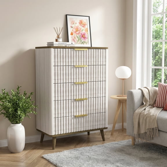 Prilinex Fluted Dresser for Bedroom with 5 Drawers, 62"H Tall Chest of Drawers with Metal Handle, Modern Wooden Dresser for Living Room Closet Hallway, Natural & Walnut