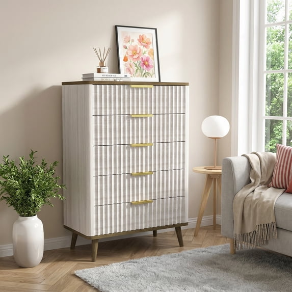 Prilinex Fluted Dresser for Bedroom with 5 Drawers, 62"H Tall Chest of Drawers with Metal Handle, Modern Wooden Dresser for Living Room Closet Hallway, Natural & Walnut