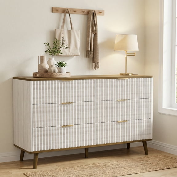 Prilinex Fluted Dresser for Bedroom with 6 Drawers, 47" Wide Modern Chest of Drawers with Metal Handle, Wooden Dresser for Living Room Closet Hallway, Natural & Walnut