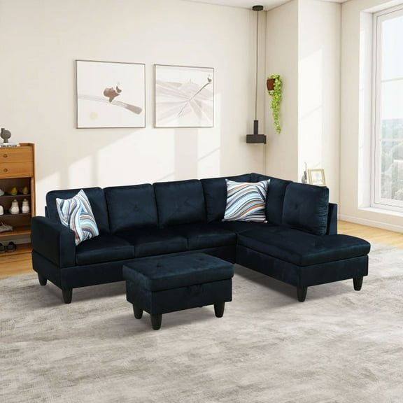 Prilinex Furniture 3 PCS Sectional Sofa Set, L-Shaped Sectional Couch with Storage Ottoman for Living Room, Microfiber, Midnight Blue