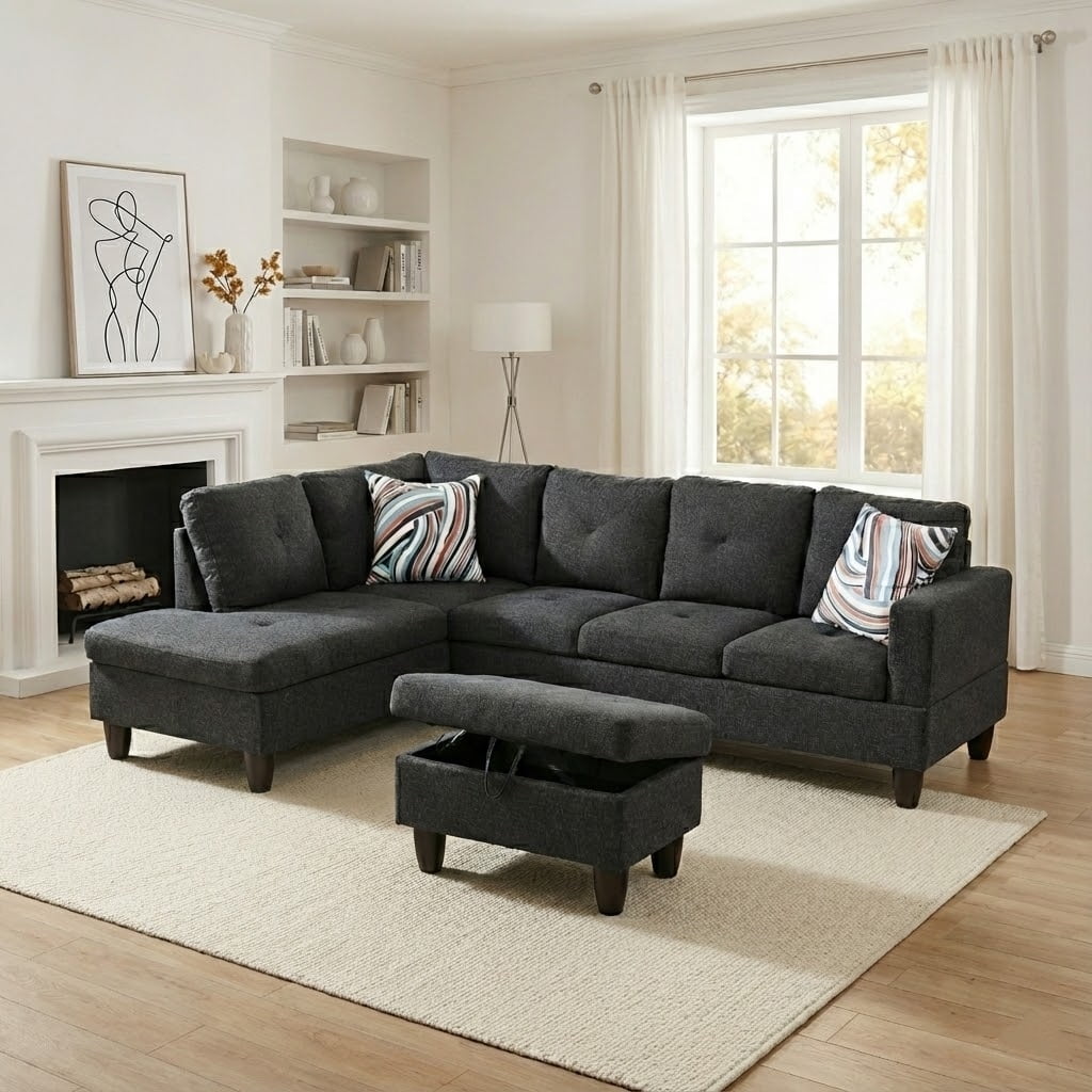 Prilinex L Shaped Couch Sectional Couches with Chaise and Storage Ottoman, 3 Pieces Modern Linen Sofa for Living Room Furniture Sets and Small Apartment ,Dark gray