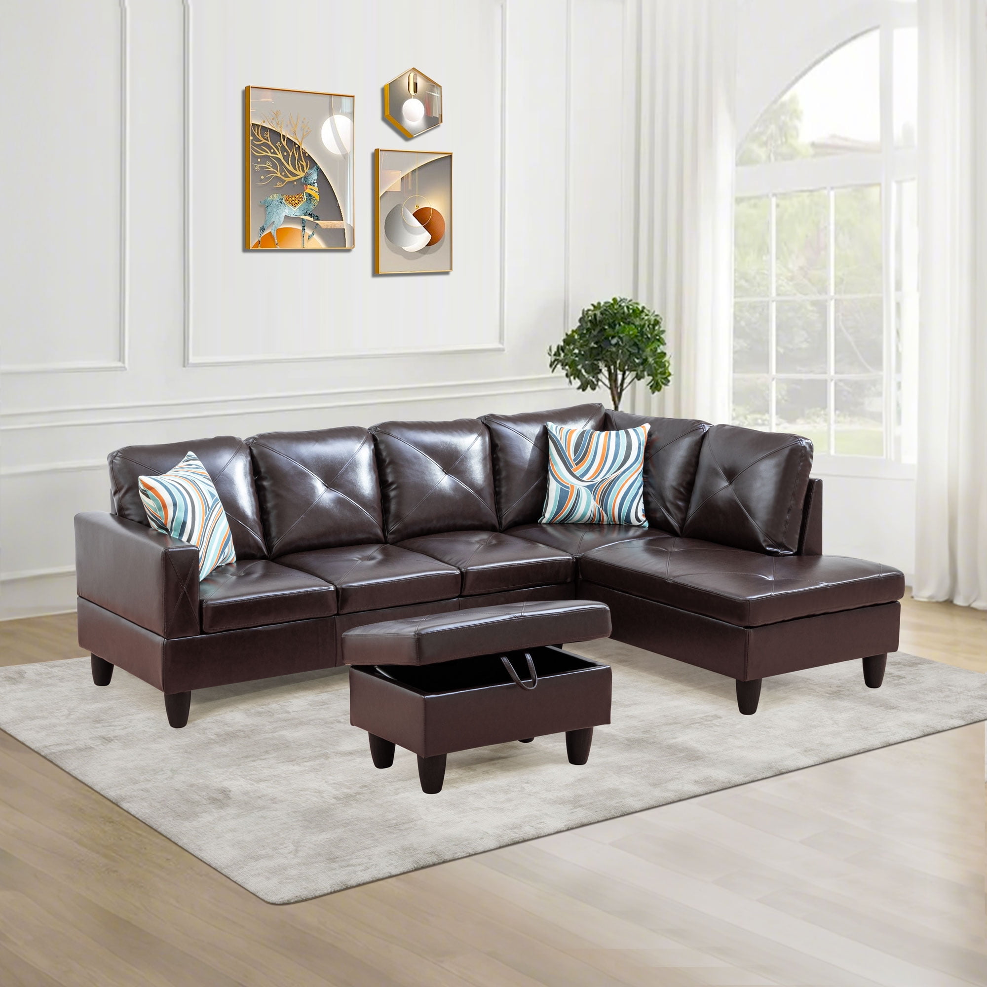 Prilinex L Shaped Couch Sectional Couches with Chaise and Storage Ottoman, 3 Pieces Modular Sofa for Living Room Furniture Sets and Small Apartment, Brown