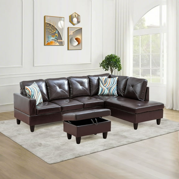 Prilinex L Shaped Couch Sectional Couches with Chaise and Storage Ottoman, 3 Pieces Modular Sofa for Living Room Furniture Sets and Small Apartment, Brown