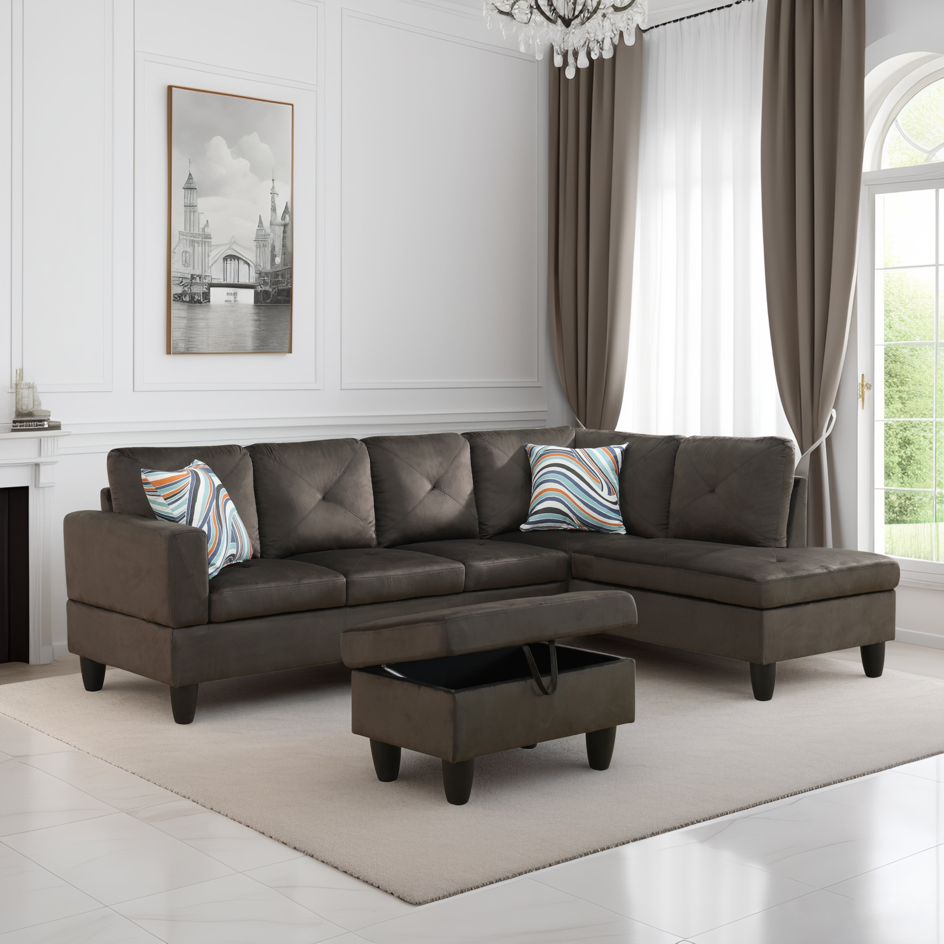 Prilinex L-Shaped Flannel Sofa with Storage Ottoman Set,3-Piece Sectional Couch Sofa Set for Living Room, Office, Small Space, Grey
