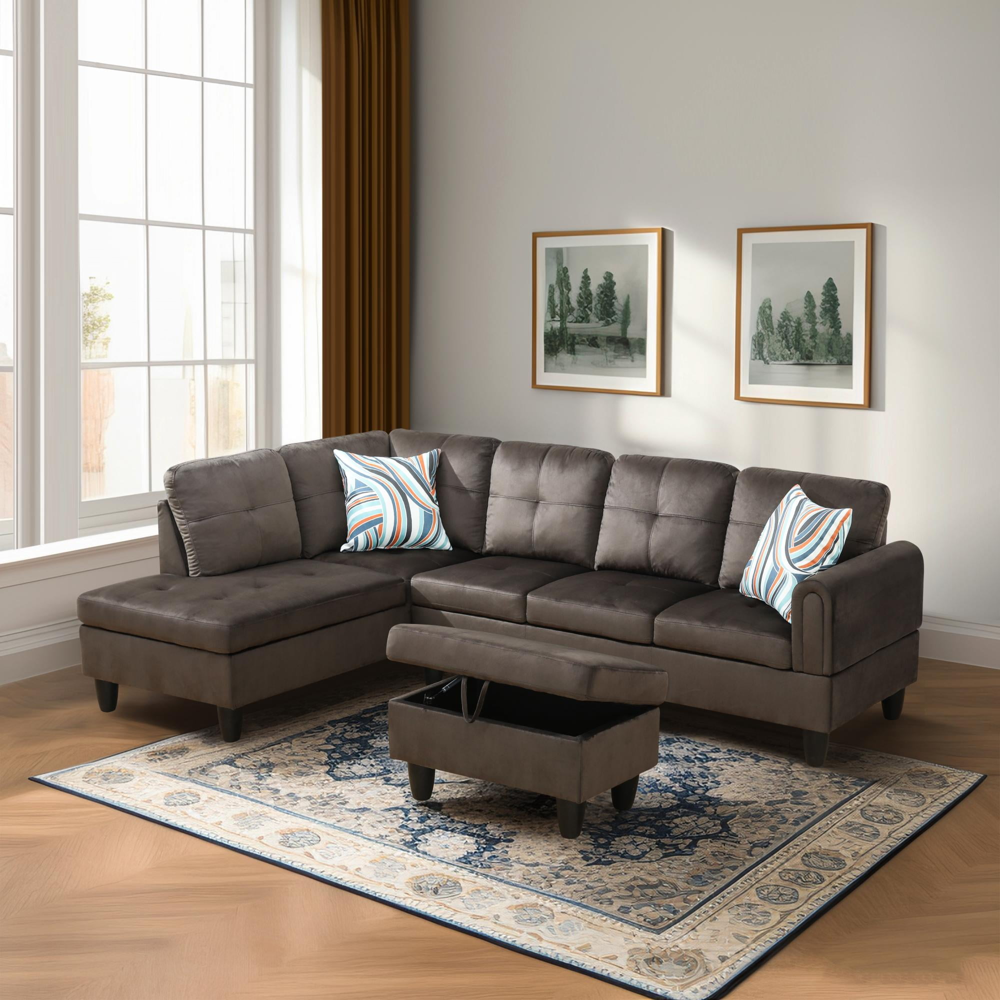 Prilinex L-Shaped Sectional Sofa with Chaise and Storage Ottoman, 3-Piece Flannel Sofa for Living Room Furniture Sets and Apartments, Brown