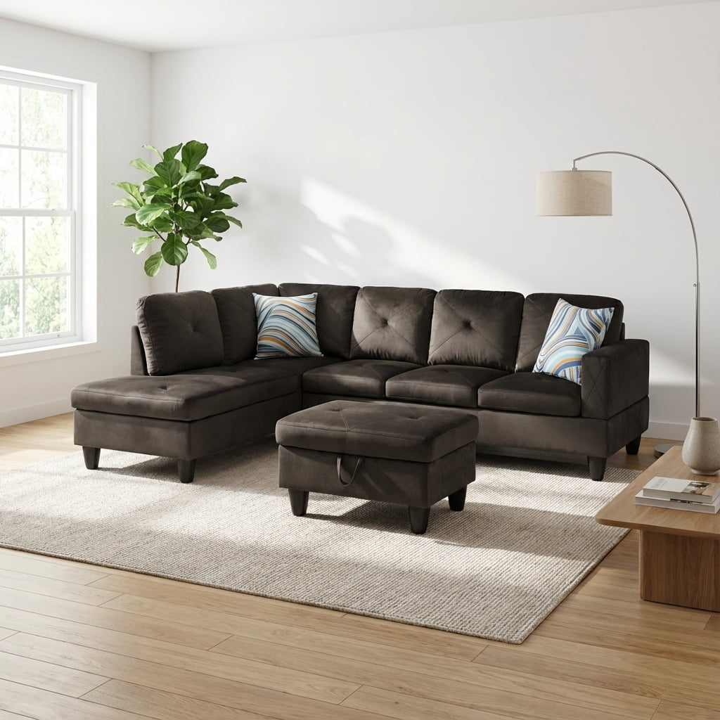 Prilinex L-Shaped Sectional Sofa with Chaise and Storage Ottoman, 3-Piece Flannel Sofa for Living Room Furniture Sets and Apartments, Grey