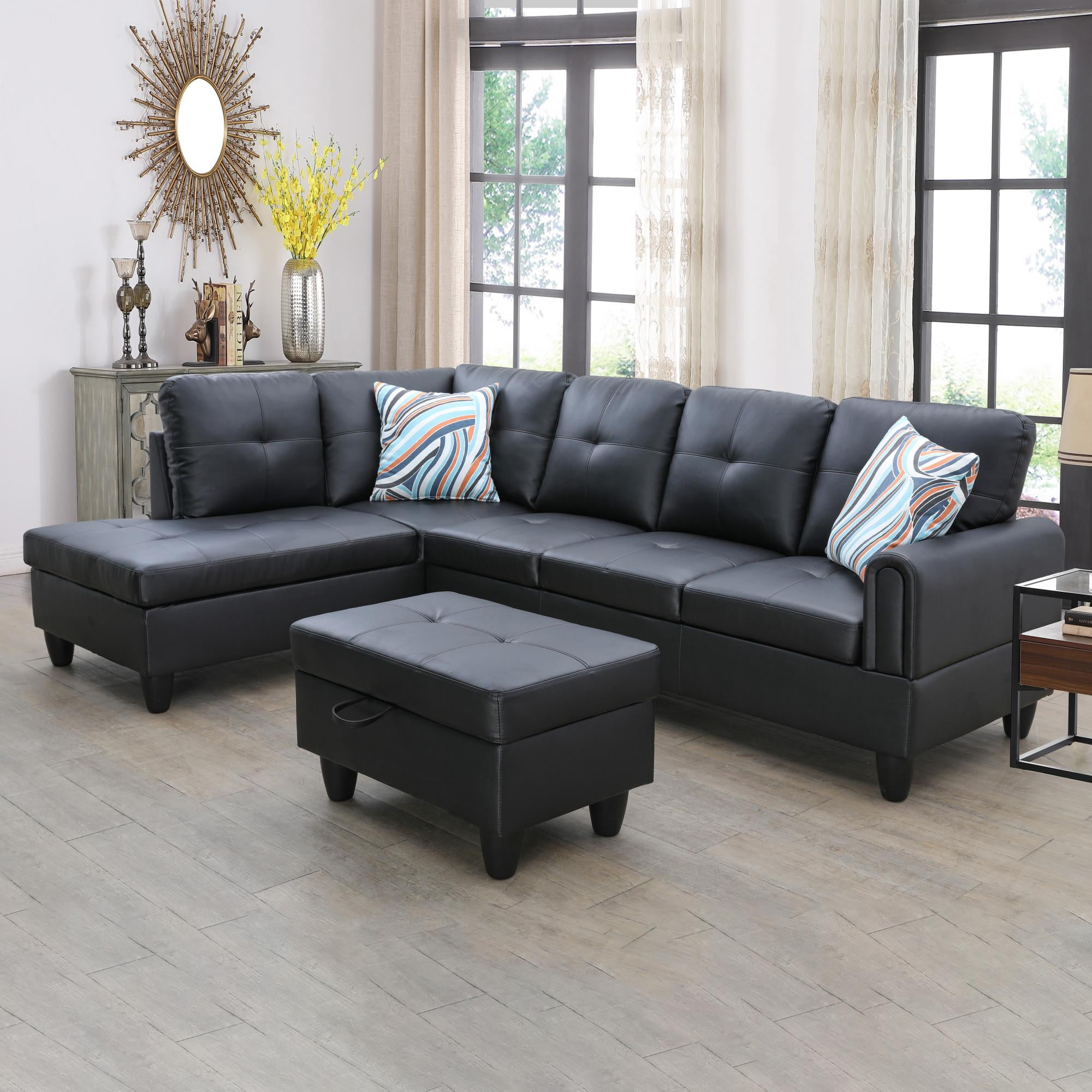 Prilinex Modern L Shaped Sectional Couch with Otttoman, 97" Faux Leather Sectional Sofa for Living Room Modular Couches with Ottoman Storage for Bedroom, Apartments, Black