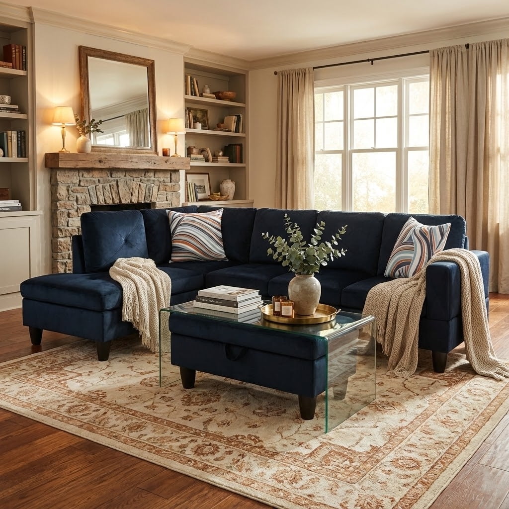 Prilinex Modern Living Room Furniture Sets, Modular Sectional Couches with Chaise Lounge, 4-Seaters L Shape Sofa with Storage Ottoman,3-Piece Sofa Set, Microfiber, Midnight Blue