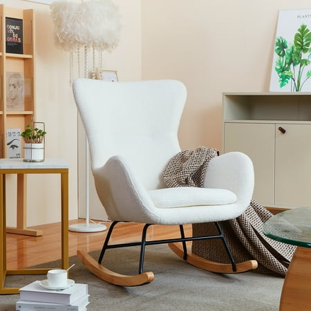 Prilinex Modern Rocking Chair, Nursery Rocking Chair High Wingback Arm Chair with Upholstered for Living Room, Teddy Fabric, Ivory White