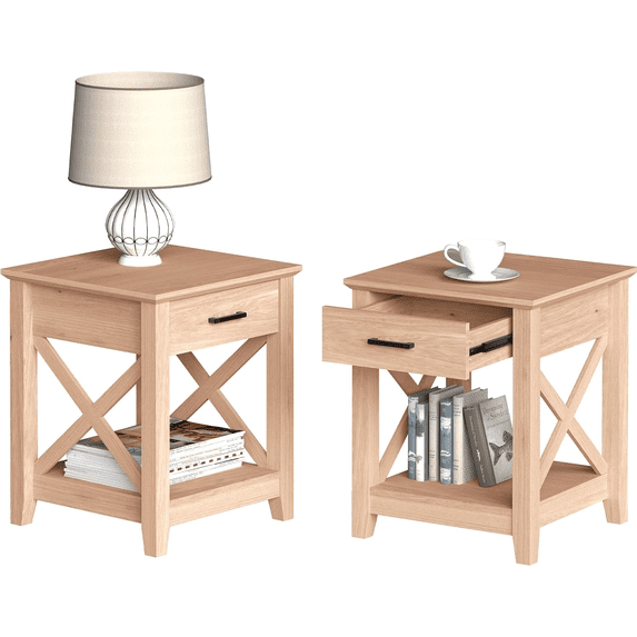 Prilinex Natural Wood Nightstand with Drawers and Storage Shelves, Space Saving End Table for Bedrooms, Living Rooms, 20"W x 20"D x 24"H, Natural, Set of 2