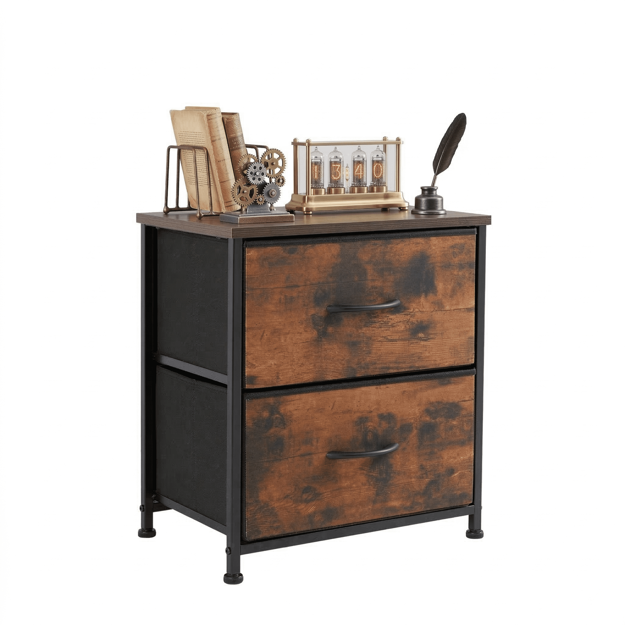 Prilinex Nightstand Small Dresser with 2 Fabric Drawers, 20 Inch Adjustable Nightstand Feet Bedside Table with Drawers for Bedroom,for Closet, Entryway, College Dorm, Rustic Brown