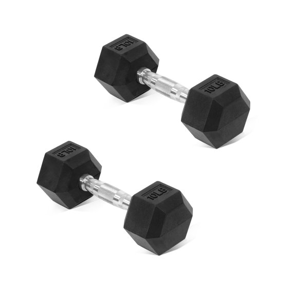 Prilinex Rubber Encased Hex Dumbbell Set Contoured Handle for Muscle Toning, Strength Building & Full Body Workout, 10lbs 2 Count,Black