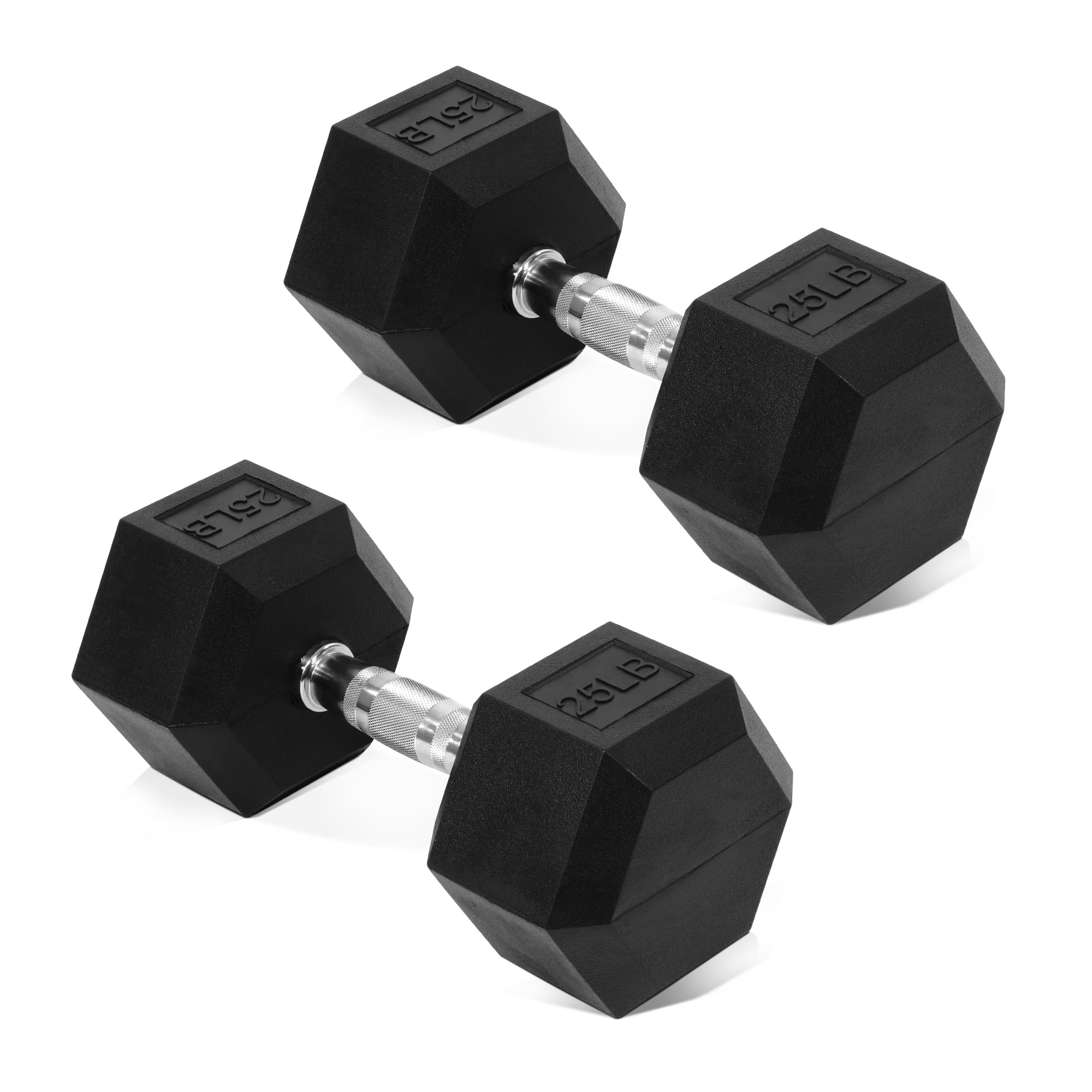 Prilinex Rubber Encased Hex Dumbbell Set Contoured Handle for Muscle Toning, Strength Building & Full Body Workout, 25lbs 2 Count,Black
