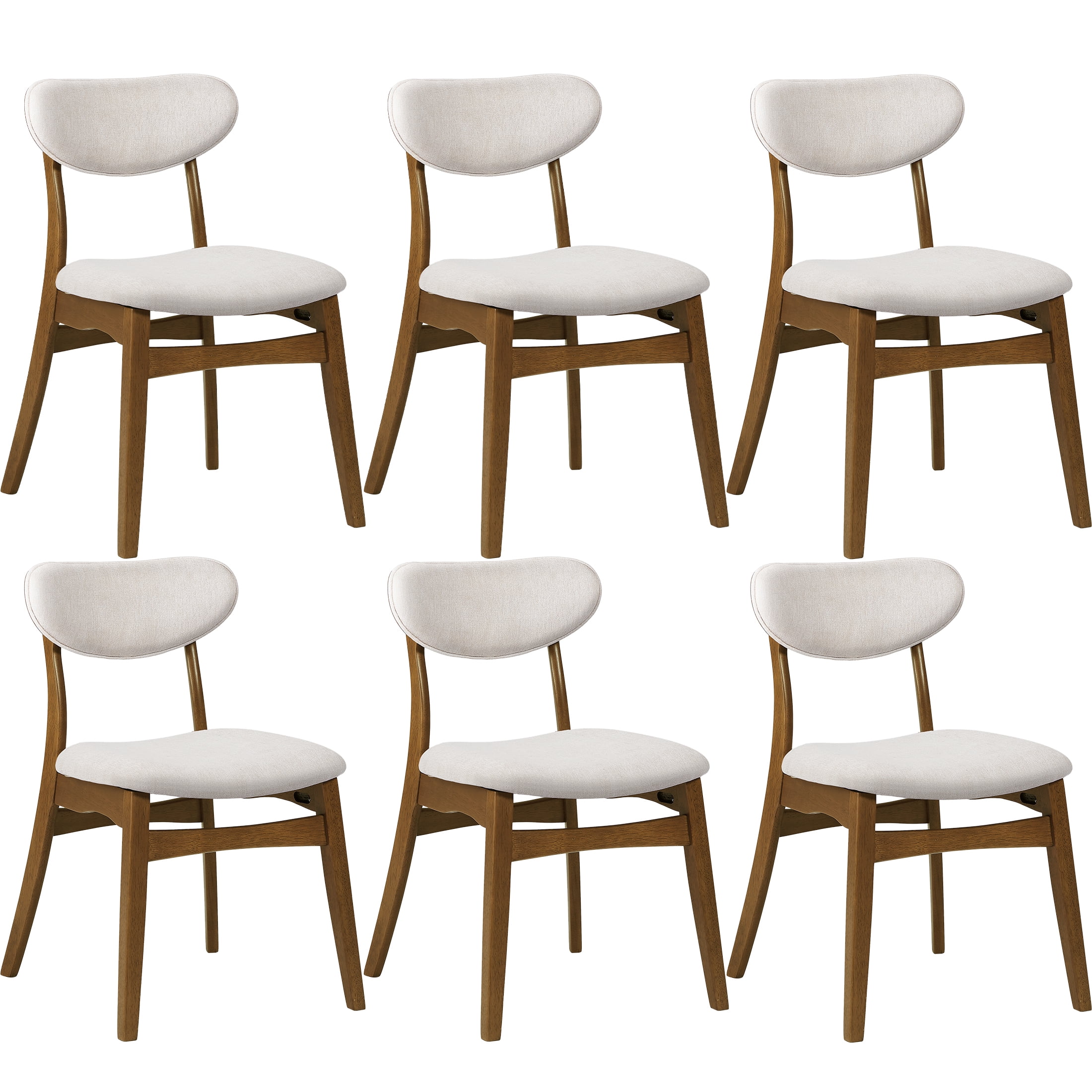 Prilinex Farmhouse Dining Chairs Set of 6, Mid Century Modern Fabric Upholstered Kitchen Chairs, Wooden Dining Room Chair with Curved Back for Kitchen Dining Room Restaurant Cafe, Beige