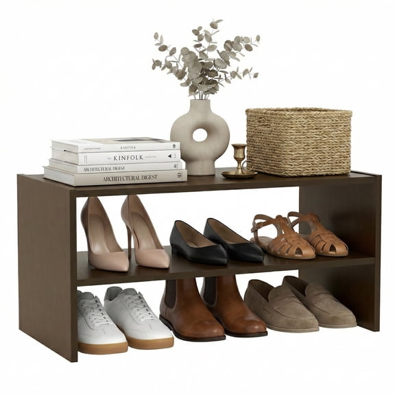 Prilinex Stackable 2-Tier Dark Wood Shoe Rack, 24" Small Wooden Shoe Rack for Closet & Entryway, Modular Shoe Organizer & Shoe Shelf for Small Spaces, Espresso