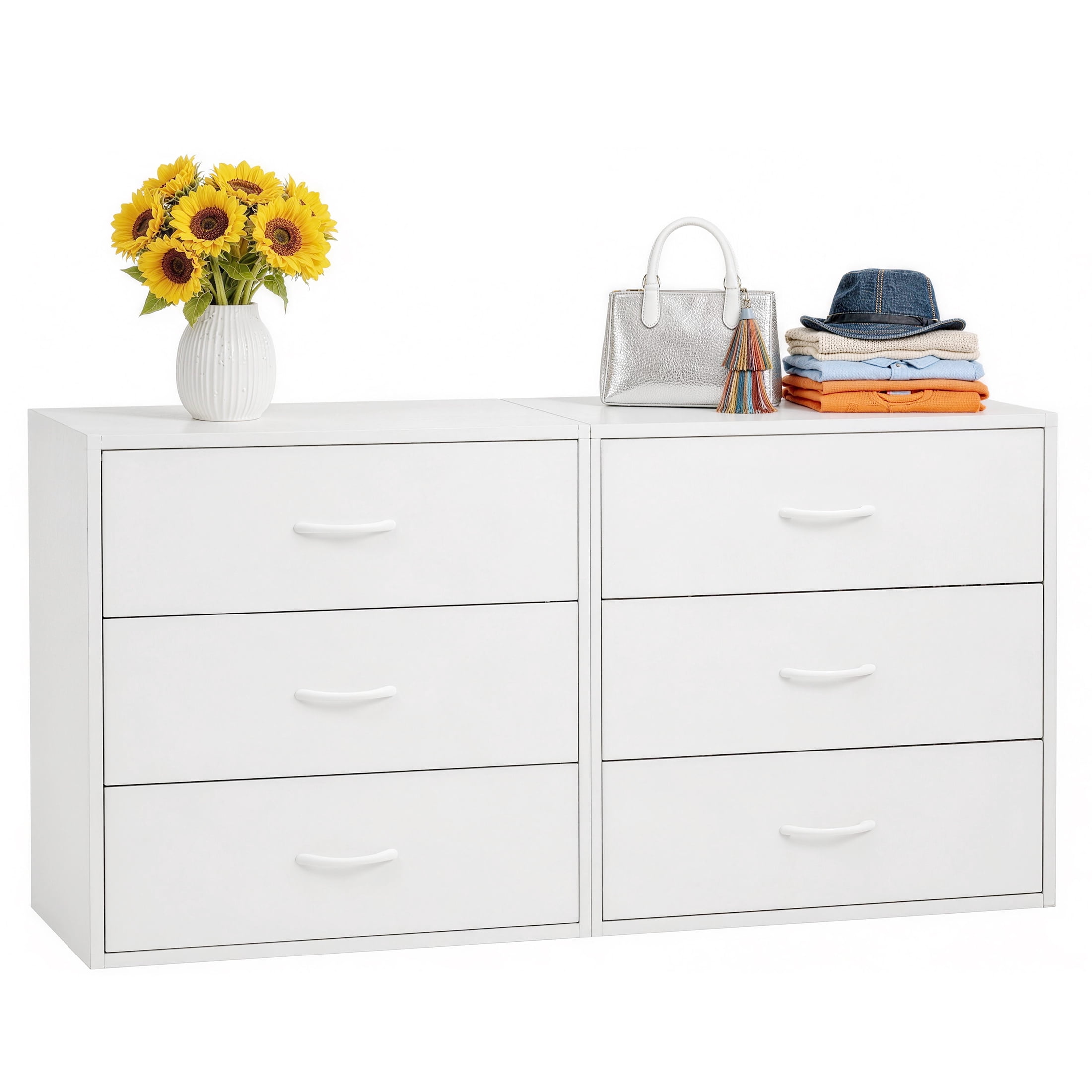 Prilinex Stackable 3 Drawer Dresser Set of 2, White Dresser for Bedroom with Wide Drawers, Wooden Small Dresser for Closet, Living Room, Entryway, Home Office, 23"W x 11.6"D x 24"H
