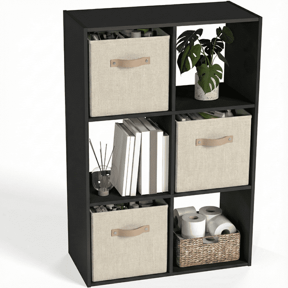 Prilinex Stackable 6 Cube Storage Organizer, Wood Cubes Shelf, Square Cubicle Bookshelf Cabinet, Open Storage Shelf for Home&Office Organization, Black