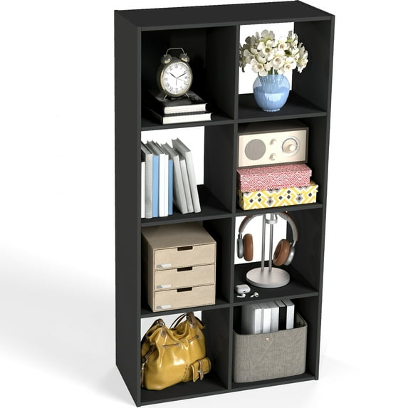 Prilinex Stackable 8 Cube Storage Organizer - Wood Cube Shelf Fits Cubby Bins, Cubicle Bookshelf with Open Shelves & Anti-Tipping Kits for Living Room, Home Office, Black
