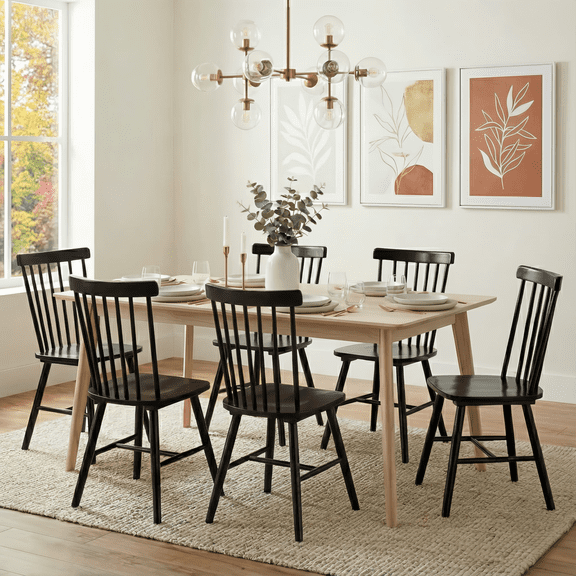 Prilinex Windsor Dining Chairs Set of 6, Spindle Back Wooden Chairs for Kitchen & Dining Room, Black Dining Chairs