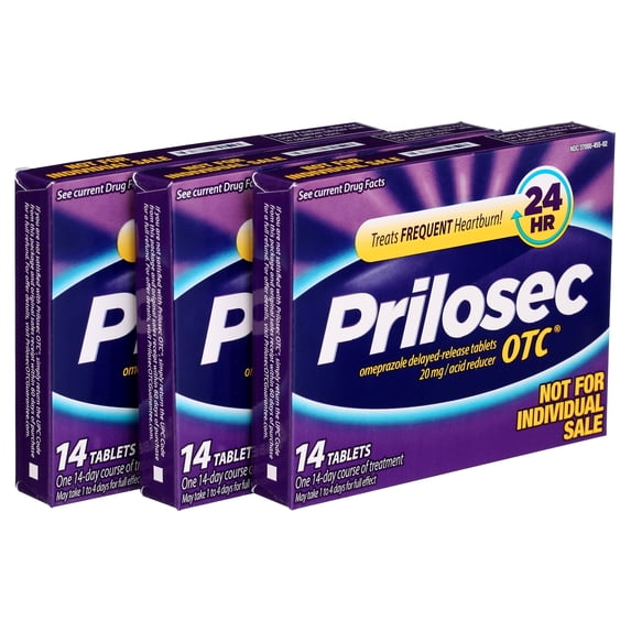 Prilosec OTC 24 Hour, Omeprazole Delayed-Release Tablets, 20mg Acid Reducer, 42 Tablets (3 Pack of 14 Tablets)