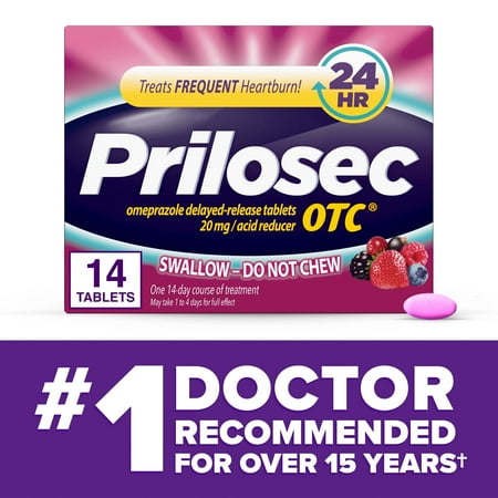 Prilosec OTC Omeprazole 20mg Acid Reducer, Frequent Heartburn Medicine, Wildberry, 14 Count
