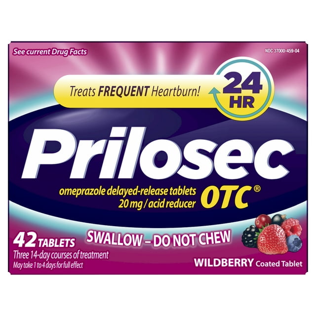 Prilosec OTC Omeprazole 20mg Acid Reducer, Frequent Heartburn Medicine, Wildberry, 42 Count