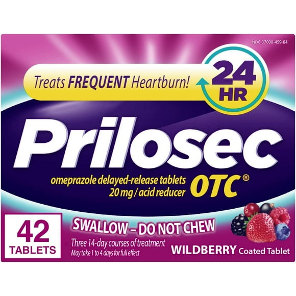 Prilosec OTC, Omeprazole Delayed Release 20mg, Acid Reducer, Treats Frequent Heartburn for 24 Hour Relief, All Day, All Night*, 20mg, Wildberry Flavor, 42 Tablets